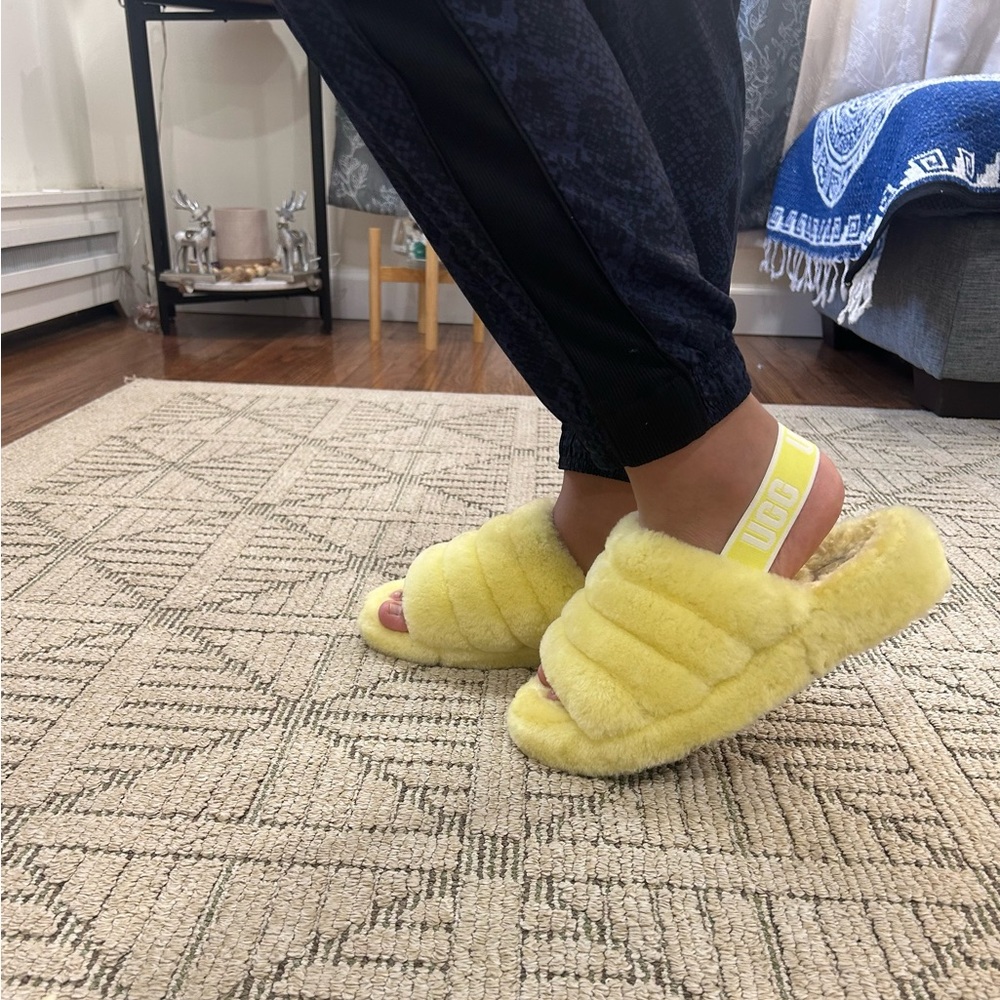 UGG Neon Soft Yellow Fluffy Slides size 11